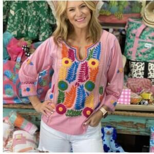 Sister Mary Gloria pink Large floral embroidered peasant blouse cottage boho